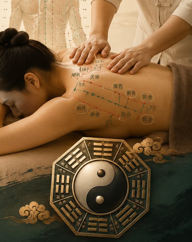 Therapist performing a remedial massage on a client's back, with a meridian and acupressure point chart overlaid, representing ancient Chinese wisdom meeting modern anatomy at DDS Belmont