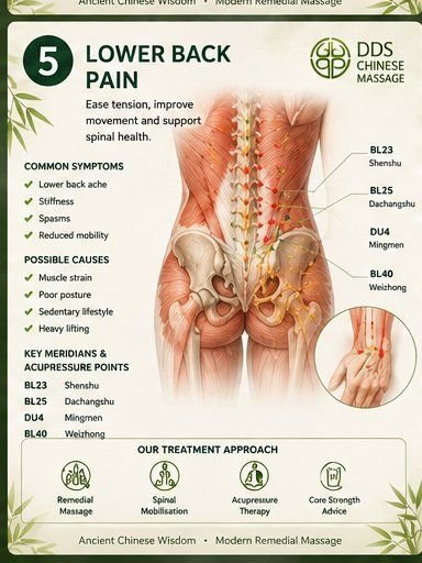 Lower back pain reference card with key acupressure points and treatment approach