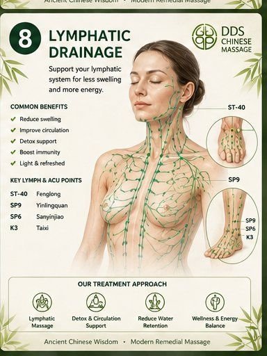 Lymphatic drainage reference card with key acupoints and treatment approach, supporting reduced swelling and increased energy