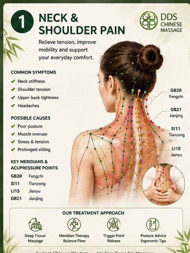 Neck and shoulder pain reference card with key acupressure points and treatment approach