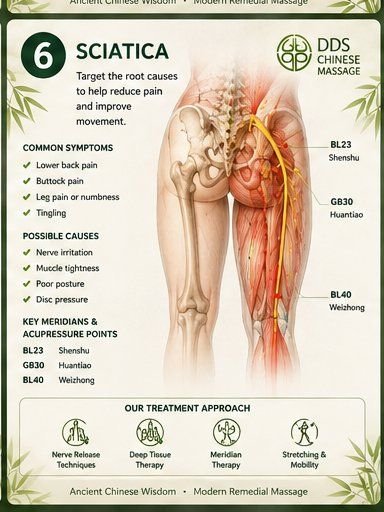 Sciatica reference card with key acupressure points and treatment approach