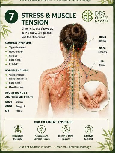 Stress and muscle tension reference card with key acupressure points and treatment approach