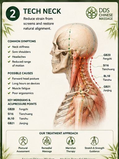 Tech neck reference card showing forward head posture and key acupressure points