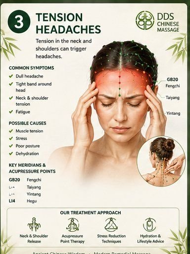 Tension headache reference card with key acupressure points and treatment approach