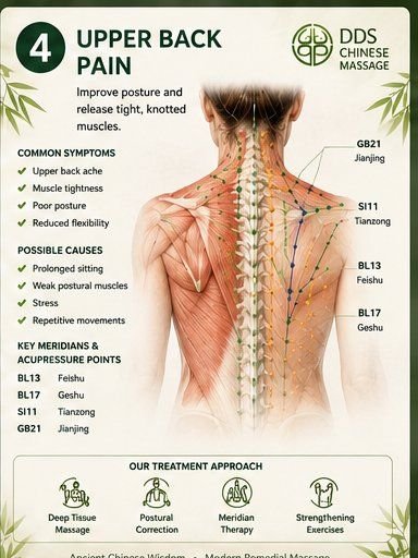 Upper back pain reference card with key acupressure points and treatment approach