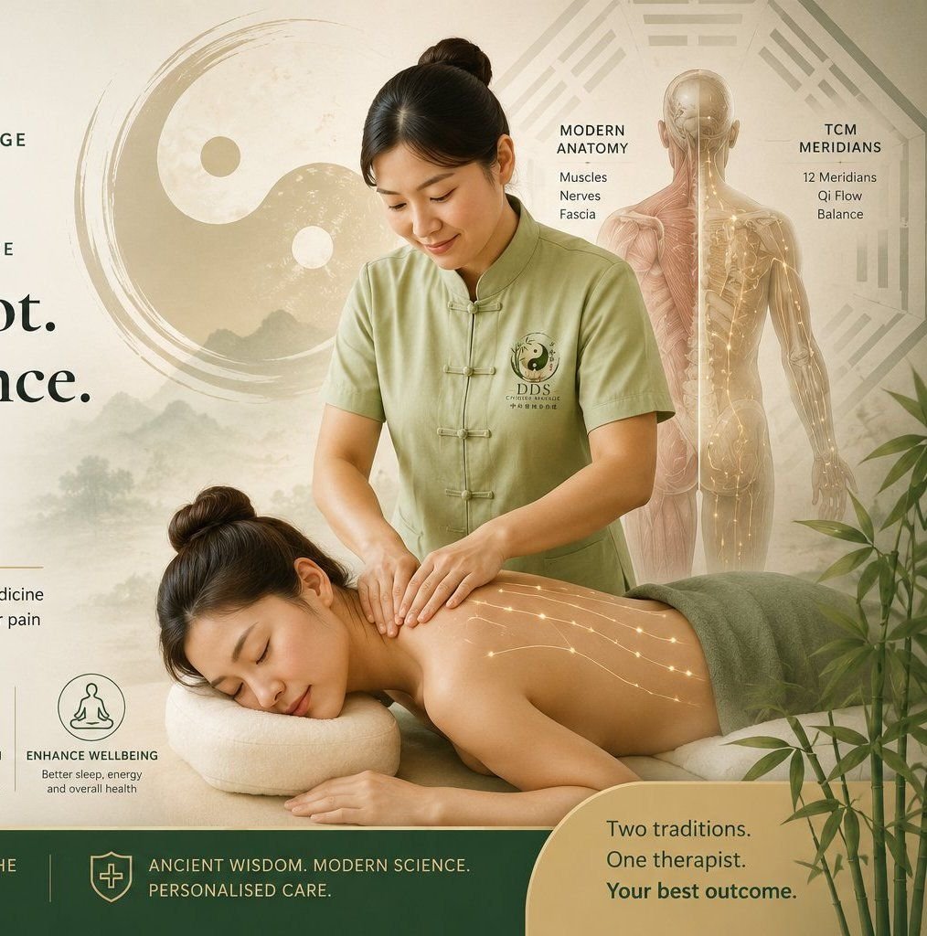 Therapist performing Chinese therapeutic massage, illustrating modern anatomy and TCM meridian pathways