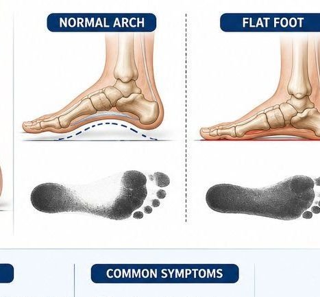 Comparison illustration of a normal foot arch versus a flat foot (fallen arch)