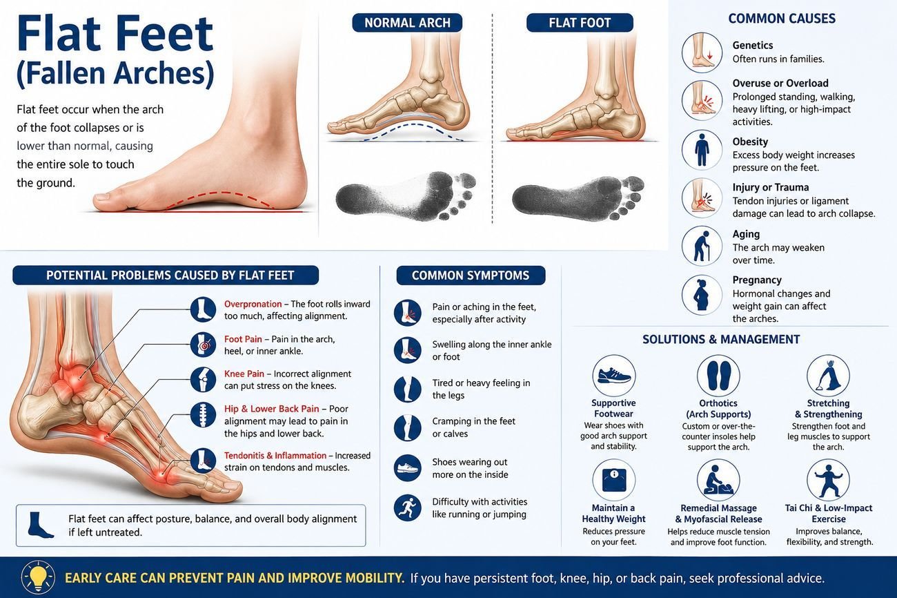 Flat feet infographic showing normal arch vs flat foot, potential problems, common causes and solutions