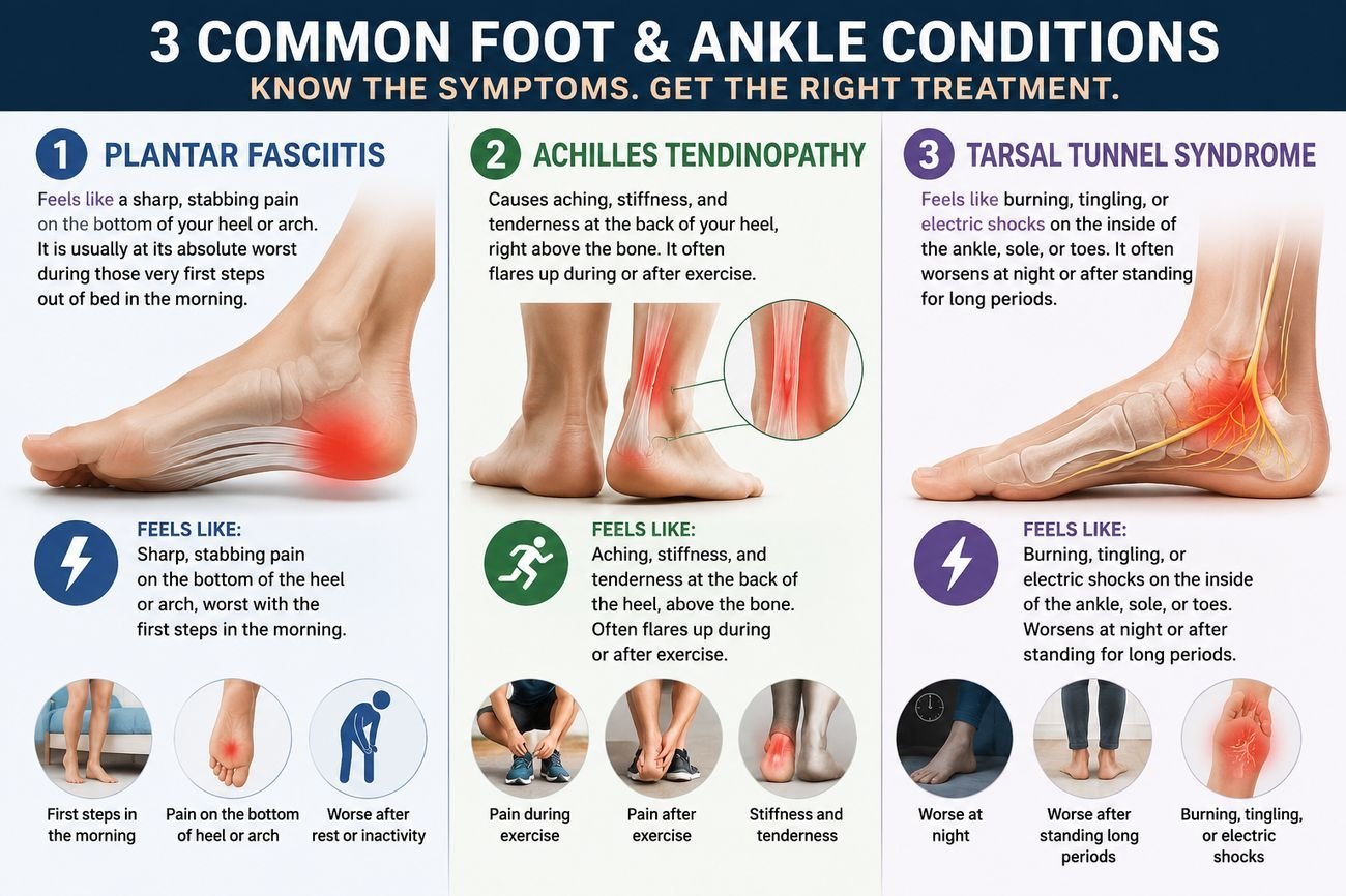 Comparison of three common foot and ankle conditions: Plantar Fasciitis, Achilles Tendinopathy, and Tarsal Tunnel Syndrome
