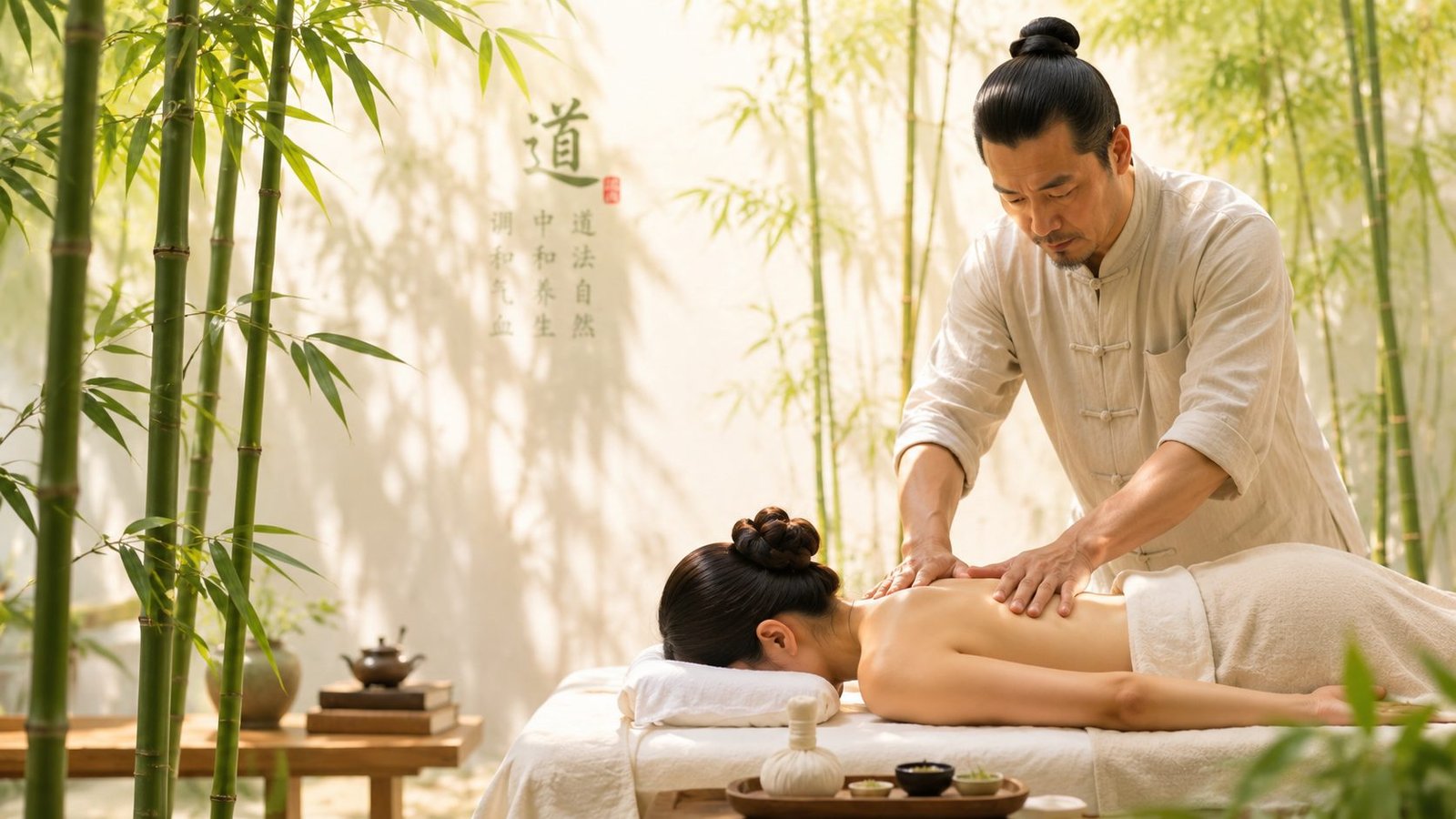 Traditional Chinese massage therapist treating a client in a bamboo setting