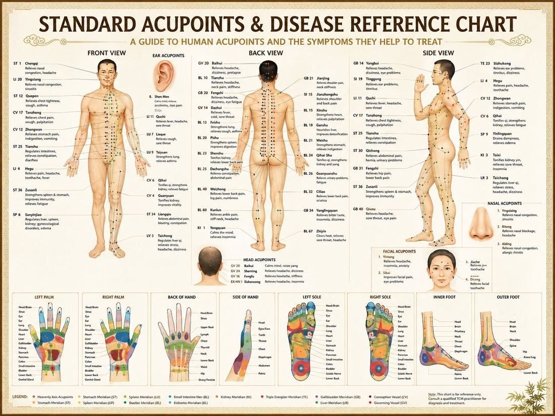 Standard acupoints and disease reference chart, front, back and side views