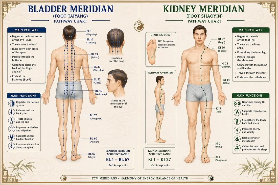 Bladder and Kidney meridian pathway chart