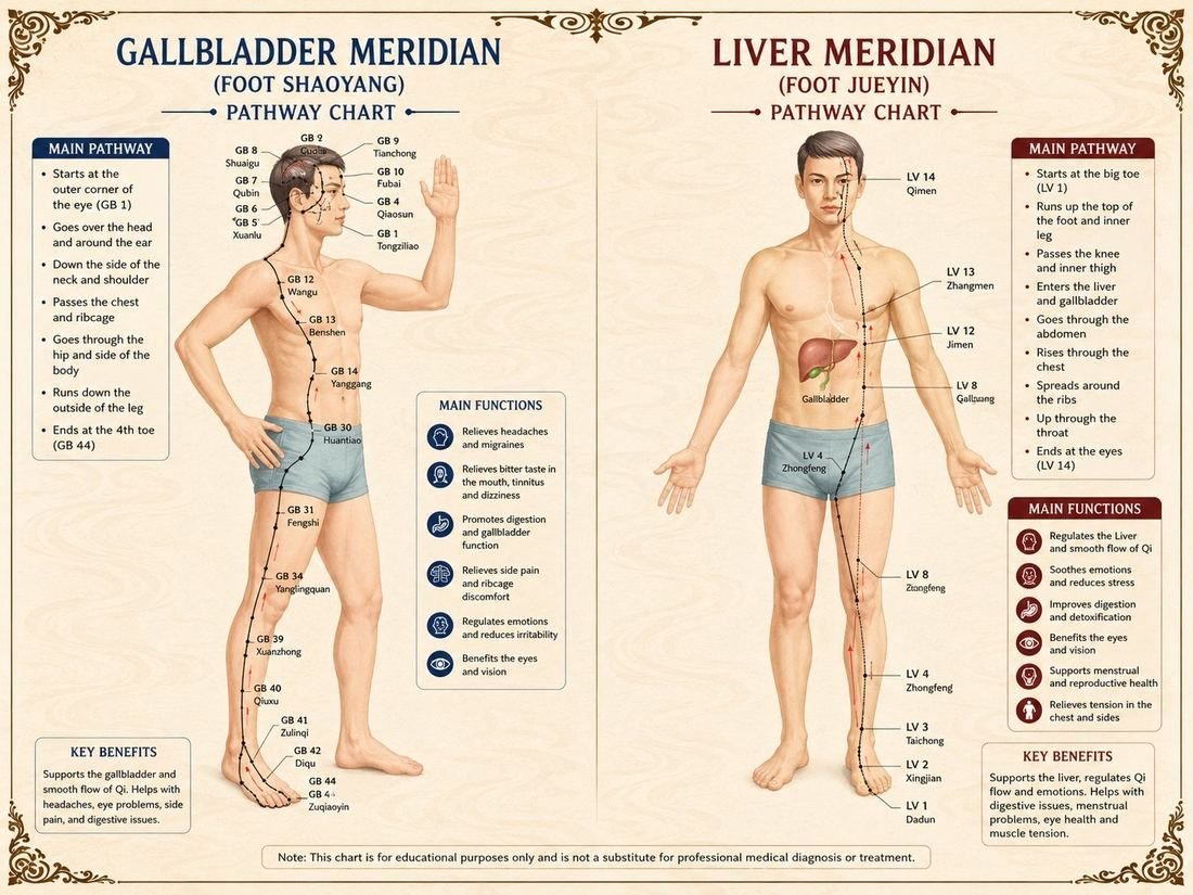 Gallbladder and Liver meridian pathway chart
