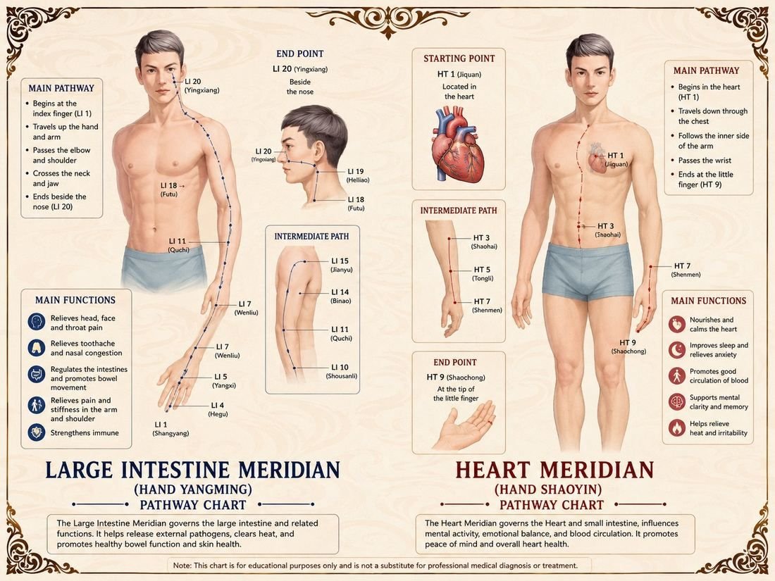 Large Intestine and Heart meridian pathway chart