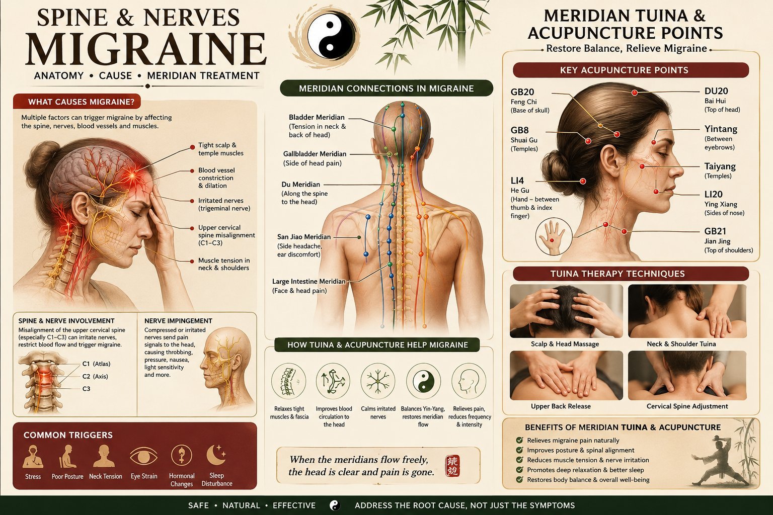 Migraine infographic showing spine and nerve anatomy, causes, meridian connections in migraine, key acupuncture points (GB20, GB8, LI4, DU20, Yintang, Taiyang, LI20, GB21), Tuina therapy techniques and benefits of meridian Tuina and acupuncture