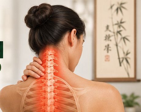 Anatomical illustration of the neck and cervical spine showing pain area