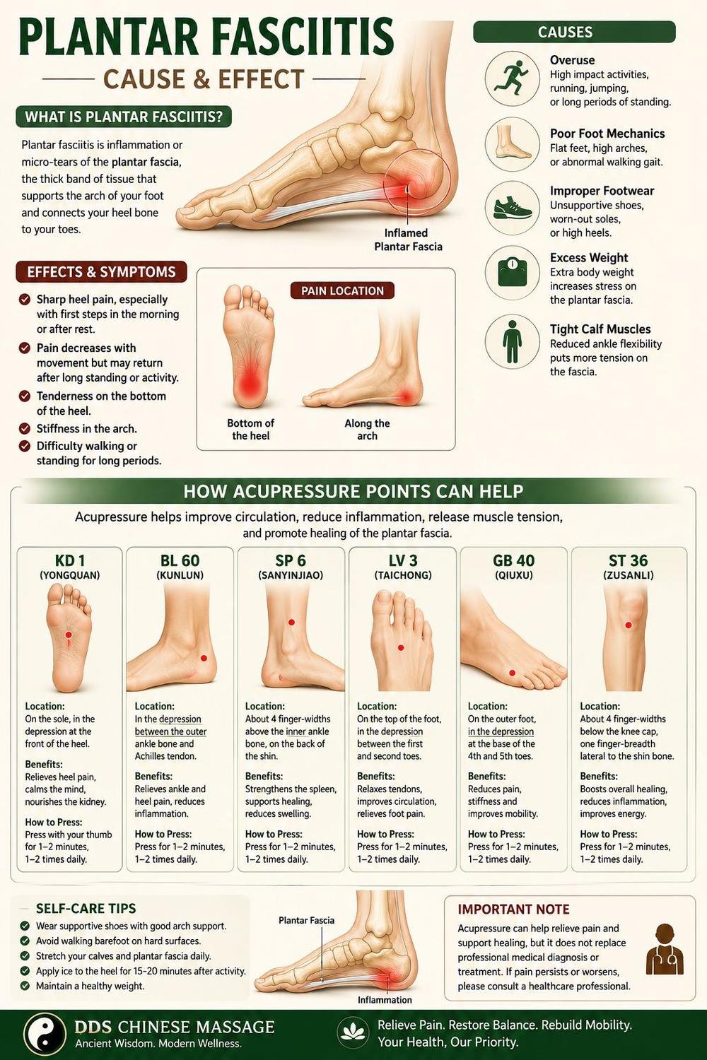 Plantar fasciitis cause and effect infographic showing pain location, causes, and acupressure points including KD1, BL60, SP6, LV3, GB40 and ST36