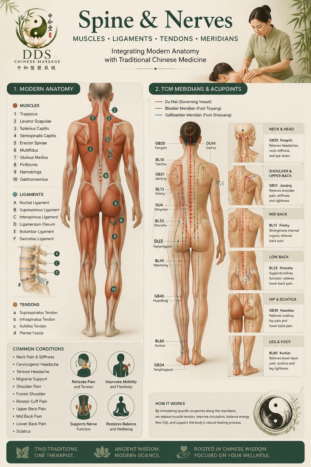 Spine and Nerves reference chart showing modern anatomy (muscles, ligaments, tendons) alongside TCM meridians and acupoints