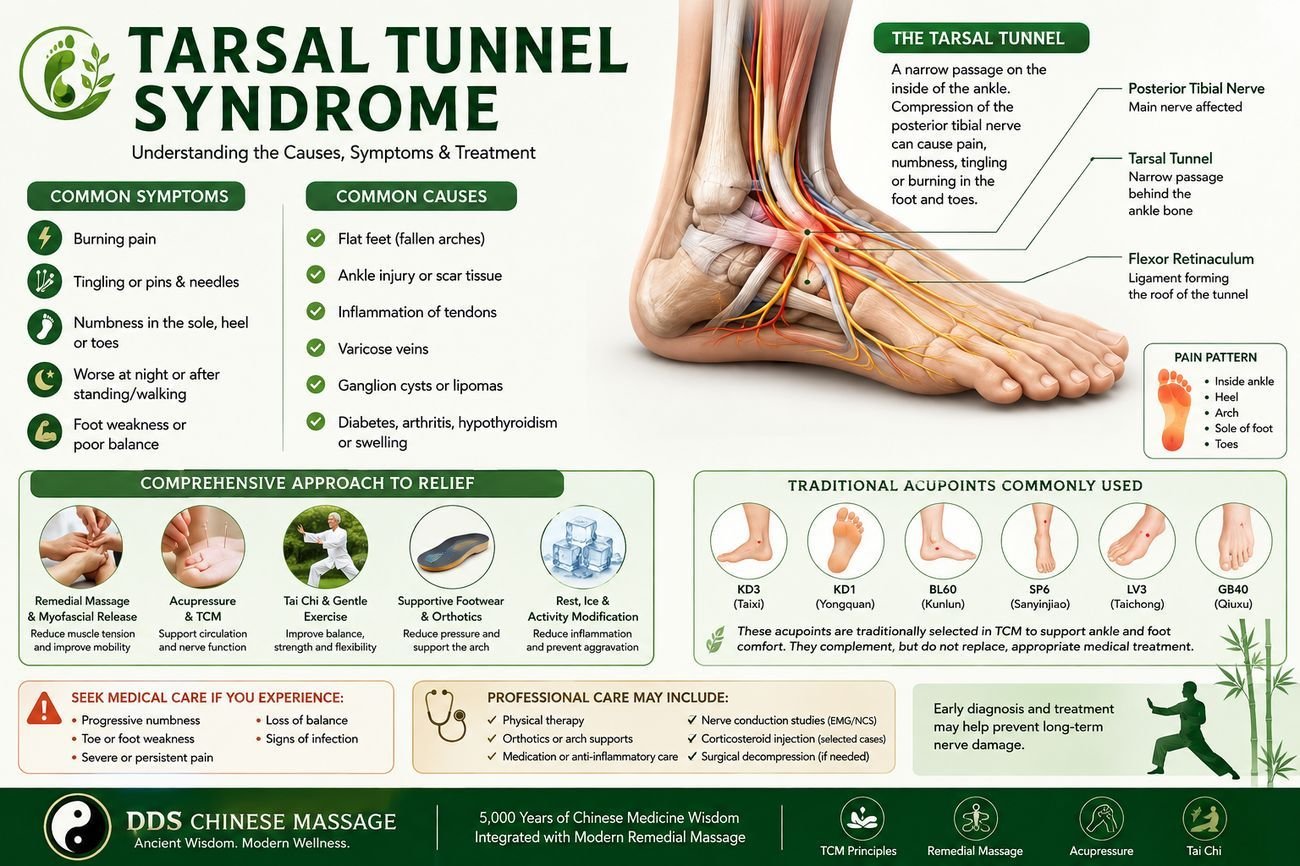Tarsal tunnel syndrome infographic showing symptoms, causes, anatomy and treatment approach