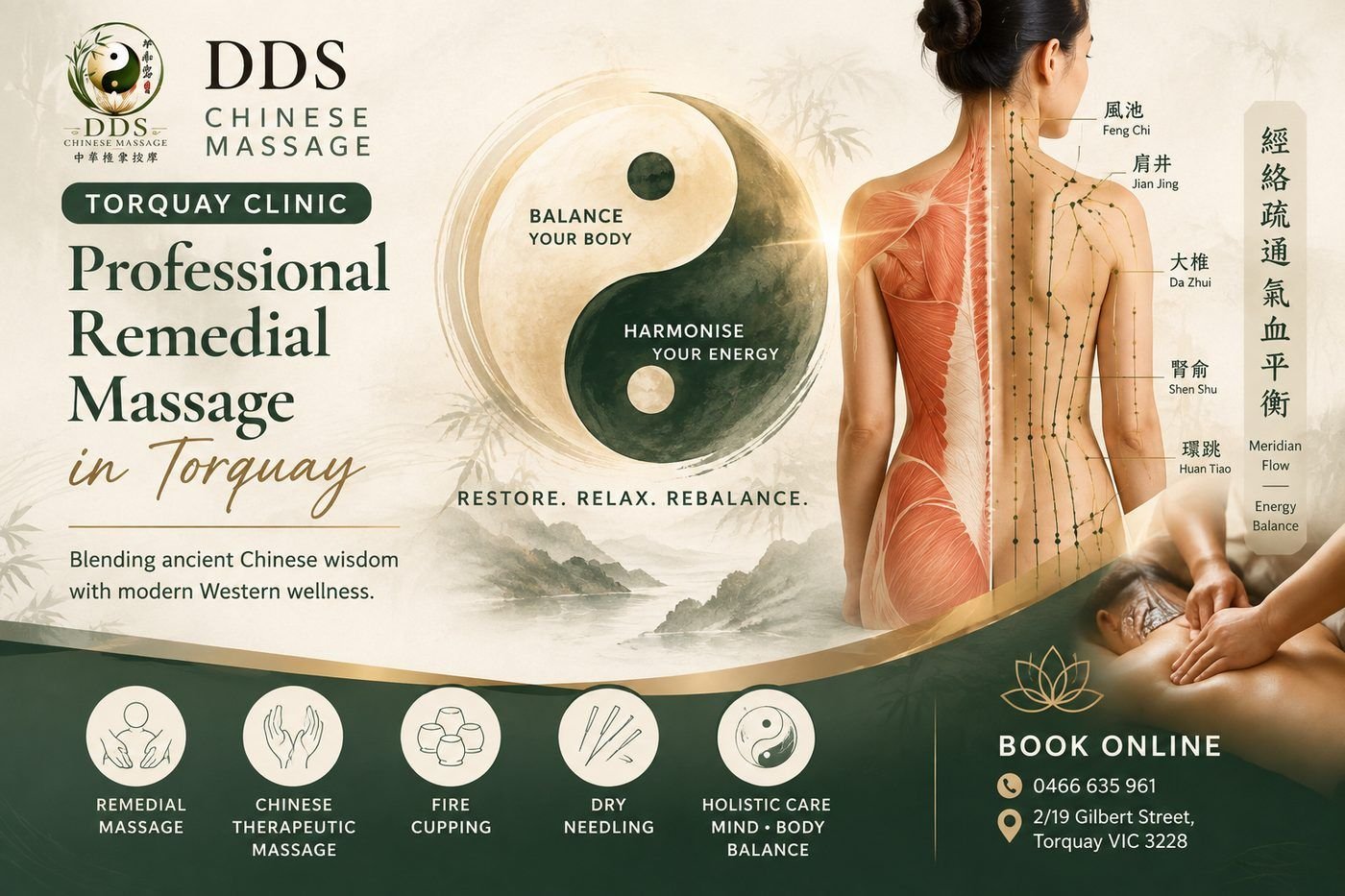 DDS Chinese Massage Torquay — Professional Remedial Massage, blending ancient Chinese wisdom with modern Western wellness