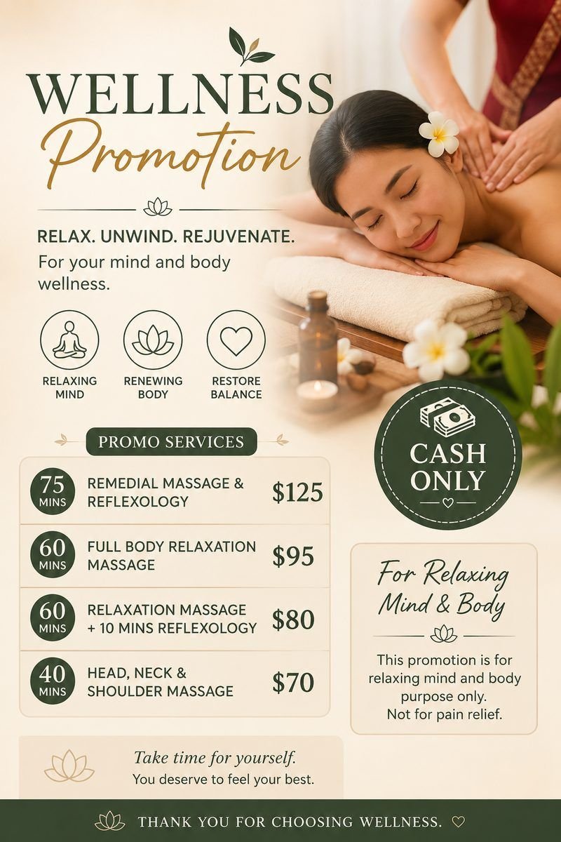 Wellness Promotion flyer showing cash-only promotional massage packages